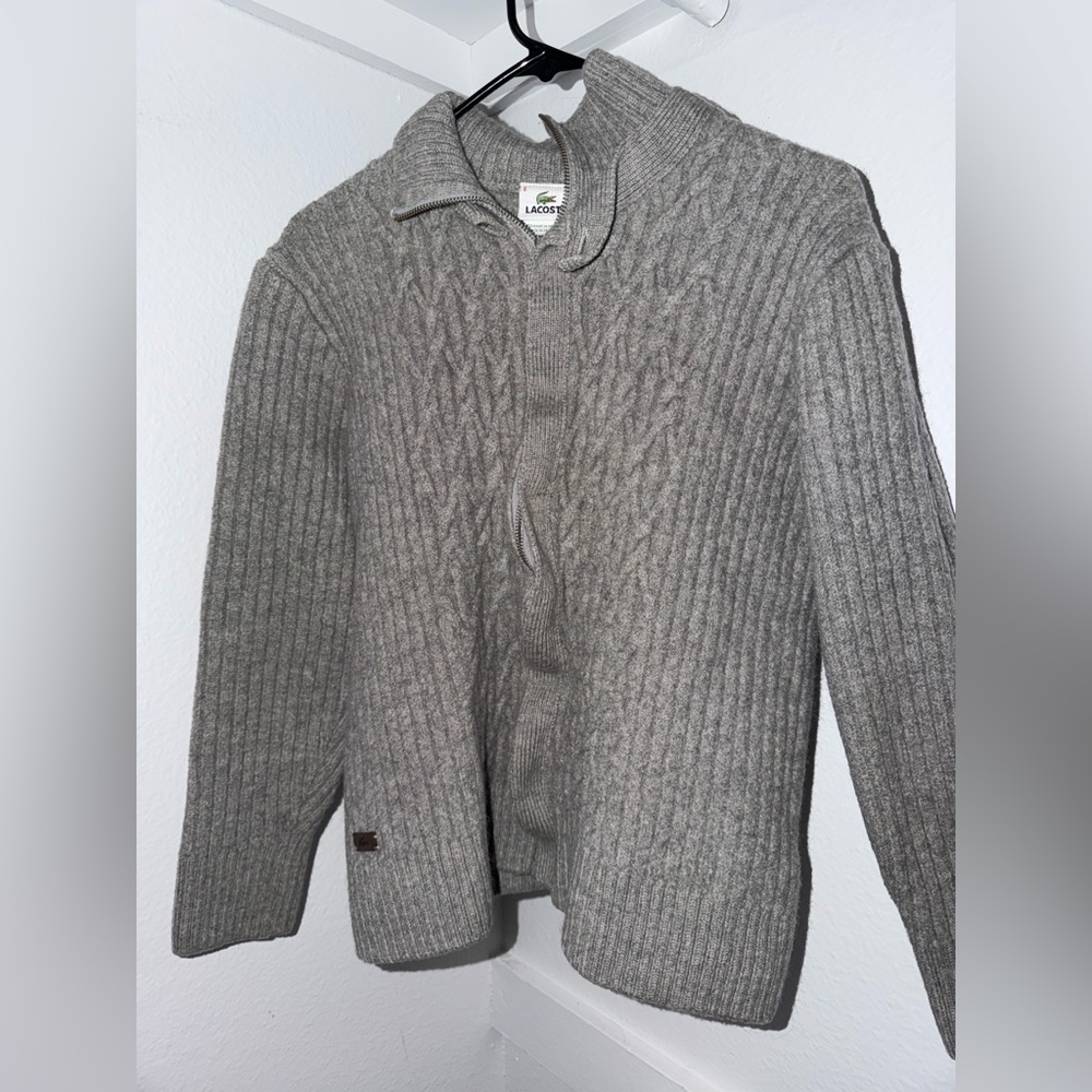 Lacoste Men's Gray Cable-Knit, Zip-Up Sweater